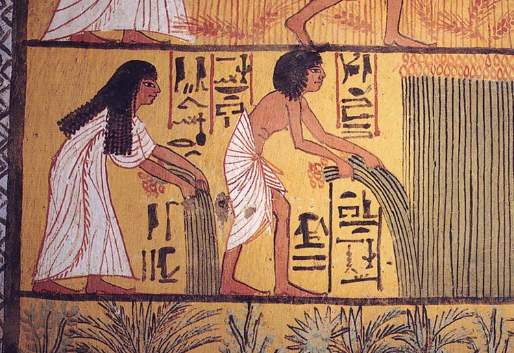 Pintura de parede representando um casal colhendo papiro. 