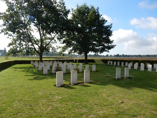 The Grenadier plot in the small British War Cemetery on the battlefield at Esquelmes. Image source: Dilip Sarkar Archive.