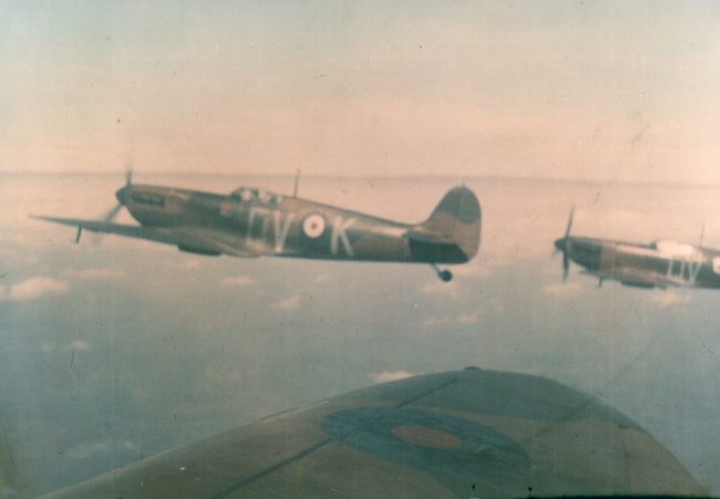 A remarkable colour (not colorised!) snapshot taken by Pilot Officer Michael Lyne of Flight Lieutenant Lane up from Duxford in early 1940; the other Spitfire is that of Pilot Officer Peter Watson.