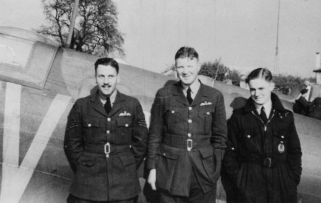 From left: Sergeant Jack Patter, Flying Officer Geoffrey Matheson and Pilot Officer Peter Watson pictured at Duxford shortly before Dunkirk.