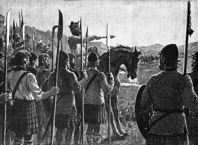 Robert addressing his troops at the Battle of Bannockburn, as depicted in Cassell's 'History of England'.