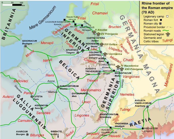Tribal territories in Belgium and Germania in 1st Century AD 