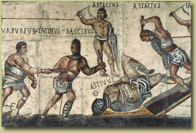 Ancient Roman gladiator types on a mosaic