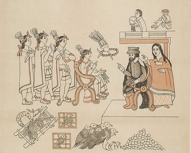 Cortez en La Malinche ontmoeten Moctezuma II