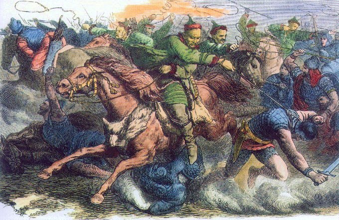 Hunos em batalha com os alanos, gravura de 1870 segundo um desenho de Johann Nepomuk Geiger