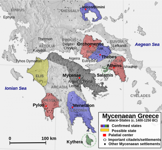 Reconstrução do cenário político em c. 1400–1250 aC, sul da Grécia continental. Os marcadores vermelhos destacam os centros palacianos micênico