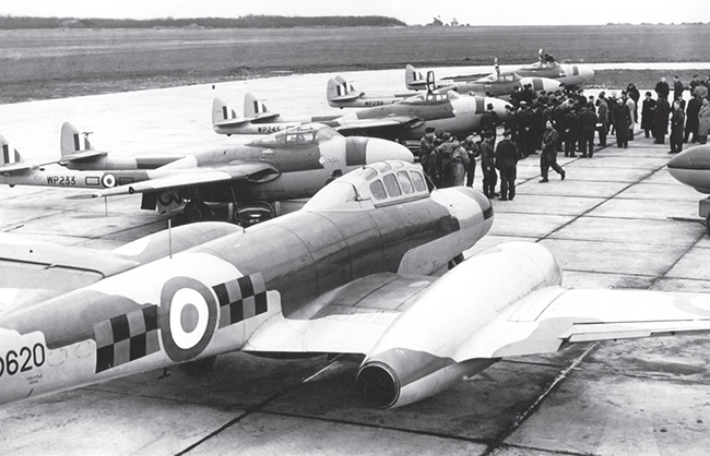 A classic line-up of aircraft at West Malling. The nearest is Meteor NF.11 WD620 of No. 85 Sqn. Behind is a row of Vampire NF.10s of No. 25 Sqn, WP233, WP245, WP239 and WP240.