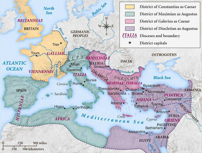 The territories of the Tetrarchy under Ancient Roman Emperor Diocletian