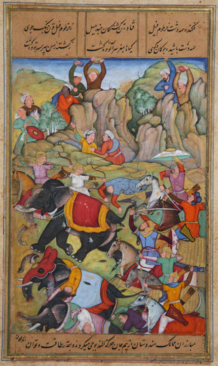 Timur derrota o sultão de Delhi, Nasir Al-Din Mahmud Tughluq, no inverno de 1397-1398, pintura datada de 1595-1600.