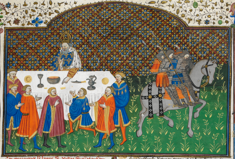 Carlos Magno no jantar; detalhe de uma miniatura do BL Royal MS 15 E vi, f. 155r (o “Talbot Shrewsbury Book”). Realizado na Biblioteca Britânica.