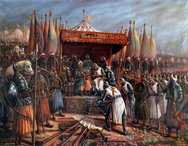 Uma ilustração cristã da vitória decisiva de Saladin sobre Guy de Lusignan em Hattin.