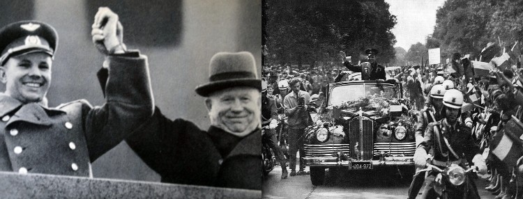 Yuri Gagarin with Nikita Khrushchev and in parade through Warsaw