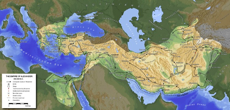 O império de Alexandre, o Grande, na época de sua maior extensão.
