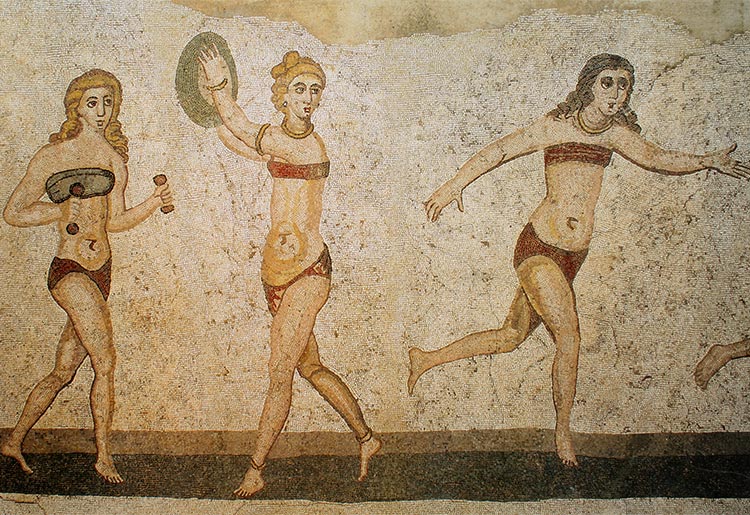 Mosaico do século IV de Villa del Casale, Sicília, mostrando 'meninas de biquíni' em um concurso atlético