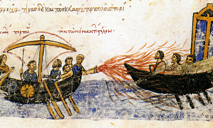 A manuscript image of one boat firing Greek Fire at another