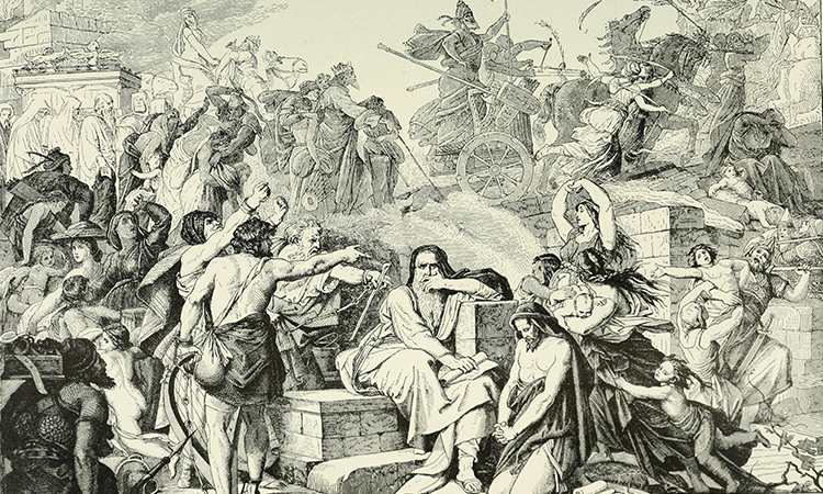 Consequências do cerco de Jerusalém pelo Império Neo-Babilônico, liderado por Nabucodonosor II (587:6 a.C.). A Arca pode ser vista no canto superior esquerdo da ilustração