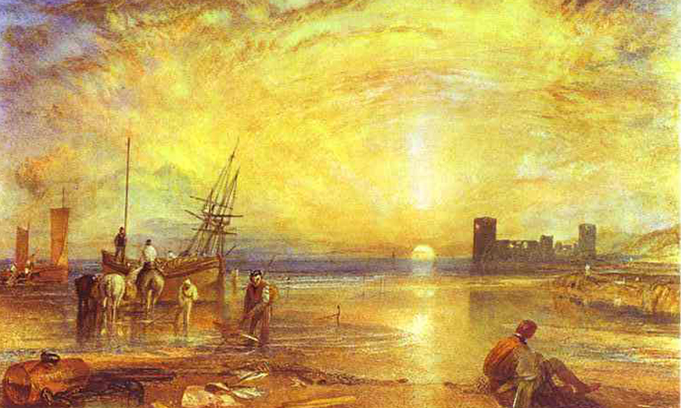 JMW Turner' watercolour painting of Flint Castle in the distance across water as the sun sets