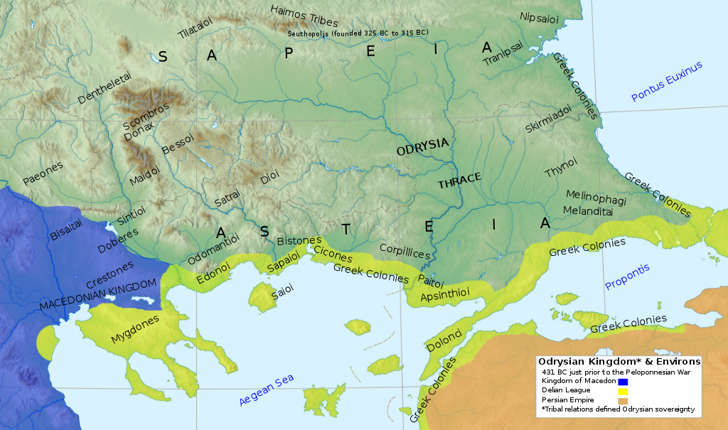 Um mapa da antiga Trácia do sul. Os corações da Odyrsia estavam ao sul da Cordilheira Haemus (situada em torno da capital homônima de Seuthes, Seuthopolis, neste mapa.