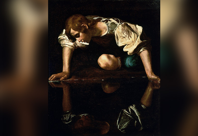 Pintura de Narciso por Caravaggio, retratando Narciso olhando para a água depois de se apaixonar por seu próprio reflexo
